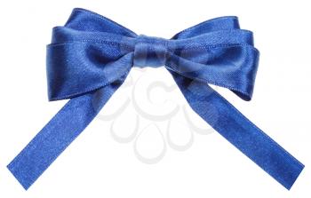 real blue satin ribbon bow with square cut ends isolated on white background