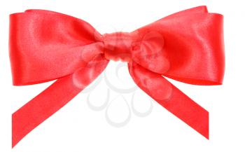 real red satin ribbon bow with vertically cut ends isolated on white background