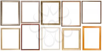 set of 10 pcs vertical wooden picture frames with cut out blank space isolated on white background