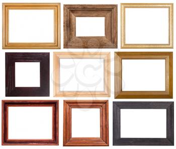 set of 9 pcs wide wooden picture frames with cut out blank space isolated on white background