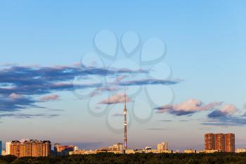 evening blue sky over city with tv tower, Moscow