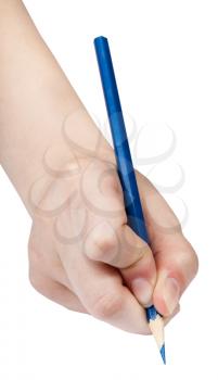 hand paints by blue pencil isolated on white background