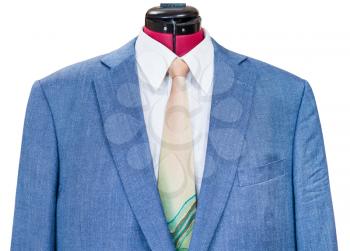 business suit on tailor mannequin - blue silk jacket with shirt and tie close up isolated on white background