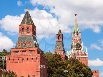 Moscow cityscape - Konstantino-Eleninskaya, Nabatnaya and Spasskaya Towers of Moscow Kremlin on Red Square
