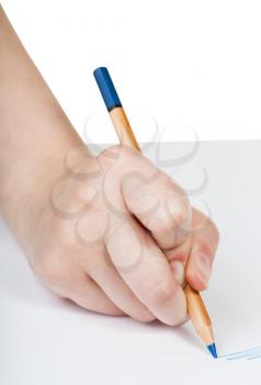 hand writes by blue pencil on sheet of paper isolated on white background