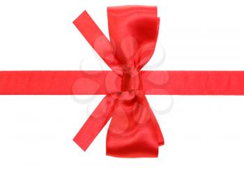real red silk bow with square cut ends on ribbon isolated on white background