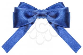 symmetric blue satin ribbon bow with square cut ends isolated on white background