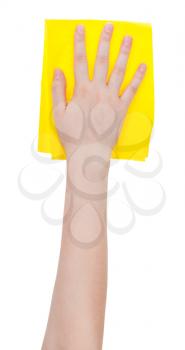 top view of hand with yellow wiping rag isolated on white background
