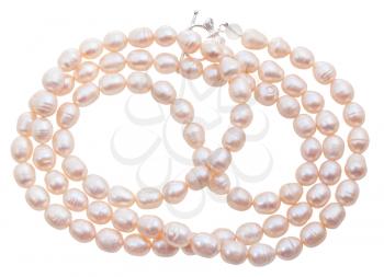 necklace from natural pink river pearls isolated on white background