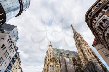 travel to Vienna city - gray clouds over St Stephen Cathedral and Stephansplatz, Vienna , Austria