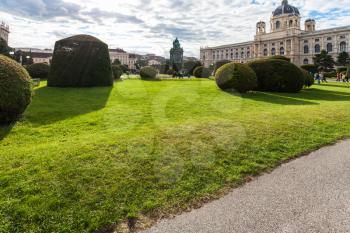 travel to Vienna city - green lawn on Maria Theresien Platz and view of Naturhistorisches museum, Vienna,Austria