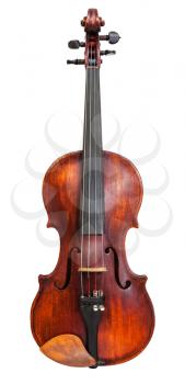 front view of standard full size violin with wooden chinrest isolated on white background