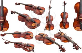 set of old fiddles isolated on white background