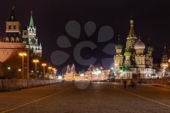 Kremlin towers and cathedral on Vasilevsky Descent of Red Square in Moscow in night