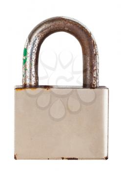 front view closed steel old padlock isolated on white background
