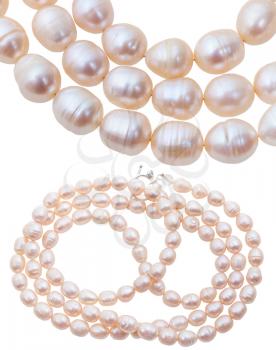 neclace from white and pink natural river pearls isolated on white background