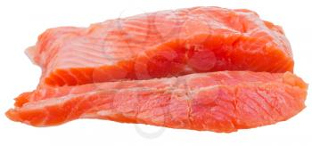 side view of sliced slightly salted trout red fish fillet piece isolated on white background
