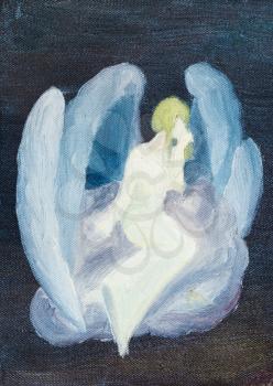 child's painting - oil painted white angel on cloud in black night sky