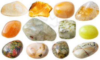 natural mineral gem stone - set from 12 pcs yellow, brown and green gemstones isolated on white background
