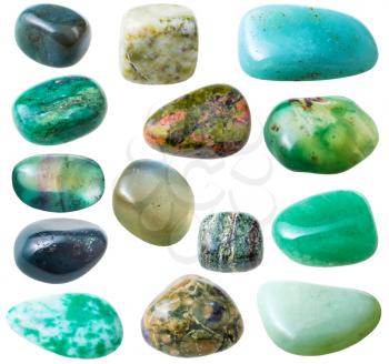natural mineral gem stone - set from 15 pcs green gemstones isolated on white background