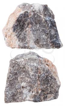 macro shooting of specimen natural rock - two pieces of Limestone mineral stone isolated on white background