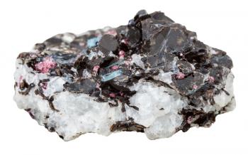 macro shooting of collection natural rock - gneiss mineral stone with blue kyanite, brown biotite, pink tourmaline crystals isolated on white background
