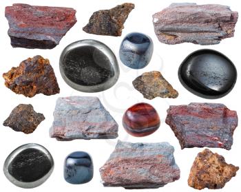 set of natural mineral gemstones - various hematite gem stones and rocks isolated on white background