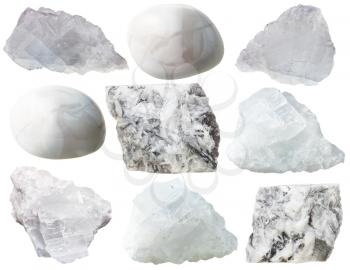 natural mineral gemstones - various magnesite rocks and tumbled gem stones isolated on white background
