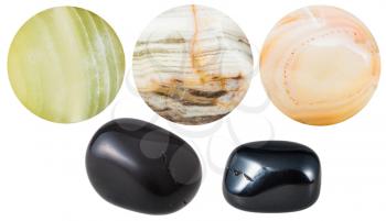 set of natural mineral gemstones - tumbled black onyx and marble onyx beads natural mineral gem stones isolated on white background