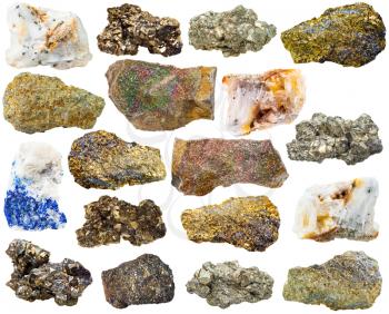 macro shooting of collection natural rock - various pyrite mineral gem stones isolated on white background