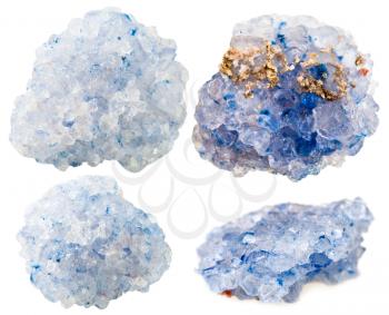 macro shooting of collection natural rock - set of blue crystalline Celestine (celestite) mineral gem stones isolated on white background
