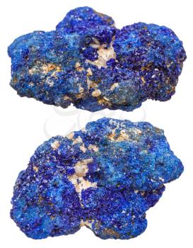macro shooting of collection natural rock - two azurite mineral gem stones isolated on white background