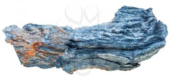 macro shooting of natural mineral stone - rhodusite (blue asbestos, riebeckite) crystalline rock isolated on white background