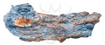 macro shooting of natural mineral stone - rhodusite (blue asbestos, riebeckite) gemstone isolated on white background