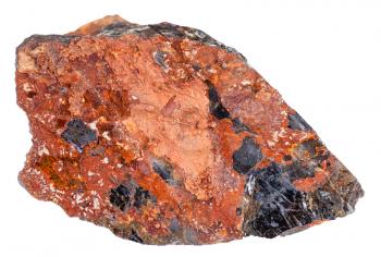 macro shooting of natural rock specimen - piece of wolframite mineral stone in iron ore isolated on white background