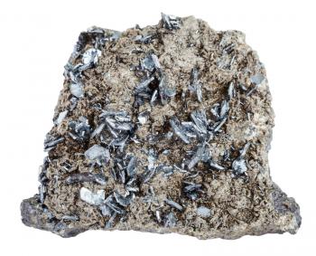 macro shooting of natural rock specimen - piece of mineral stone with magnetite crystals isolated on white background
