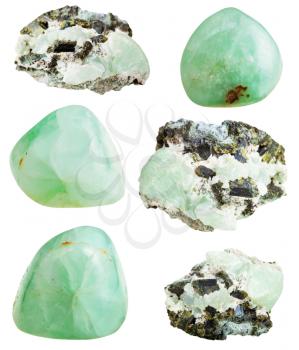 set of green Prehnite mineral stone and polished gemstones isolated on white background