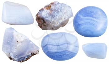 set of blue chalcedony (Blue Agate, sapphirine) crystals and polished gemstones isolated on white background