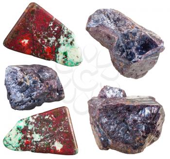 set of Cuprite mineral stones and polished gemstones (with chrysocolla) isolated on white background