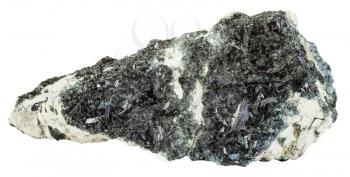 macro shooting of natural mineral stone - stone with black green Hornblende crystals on Amphibole carbonate vein isolated on white background