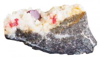 macro shooting of natural mineral stone - red crystal of Cinnabar (Cinnabarite) gemstone in quartz carbonate vein isolated on white background