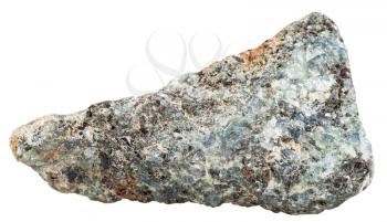 macro shooting of natural mineral stone - green nepheline (nephelite) with brown biotite in Schist nepheline syenite (Miaskite) stone isolated on white background
