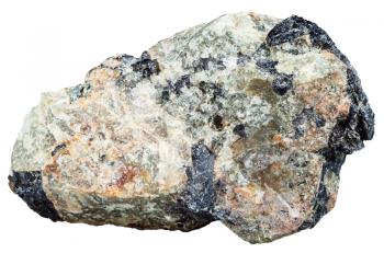 macro shooting of natural mineral stone - piece of Nepheline (nephelite) rock with black Ilmenite isolated on white background