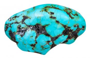 macro shooting of natural mineral stone - polished pebble of blue Howlite (turquenite, Turquonite, turquoise imitation) gemstone isolated on white background
