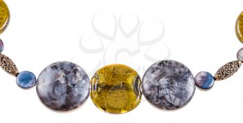 labradorite gemstone and colored glass beads in necklace close up isolated on white background