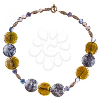 round necklace from labradorite and abalon gemstones, colored glass and bronze beads isolated on white background