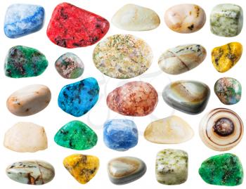 set of various agate natural mineral stones and gemstones isolated on white background