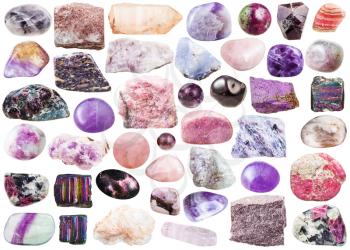 set of pink natural mineral stones and gemstones isolated on white background