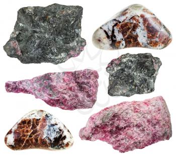 set of various eudialyte natural mineral stones, rocks and gemstones isolated on white background