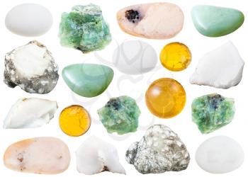 set of various opal natural mineral stones and gemstones isolated on white background